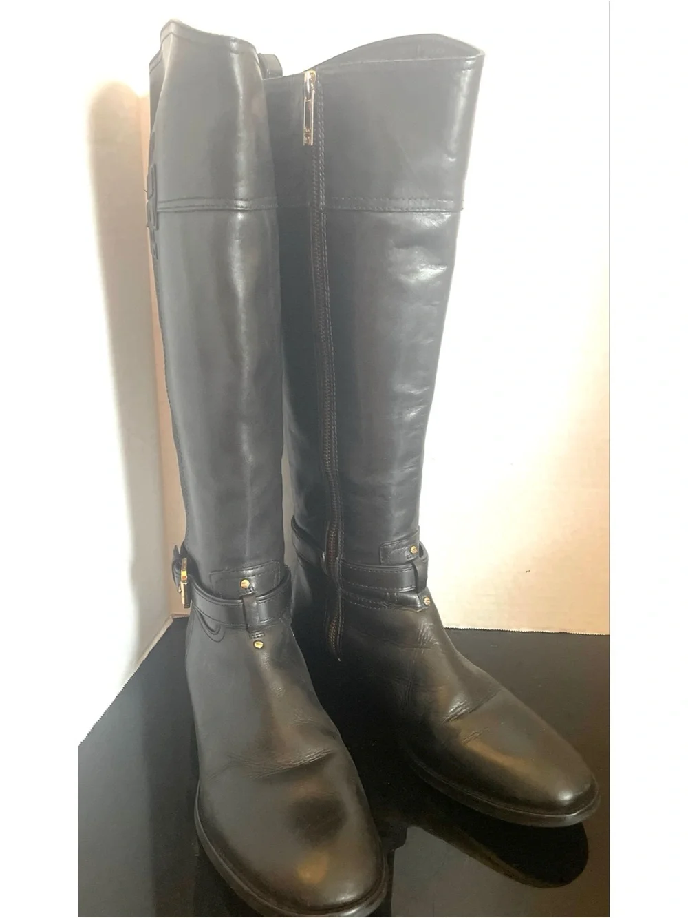 Tory Burch Black & Gold Leather Over-the-Knee Zip Riding Boots Size 9.5M